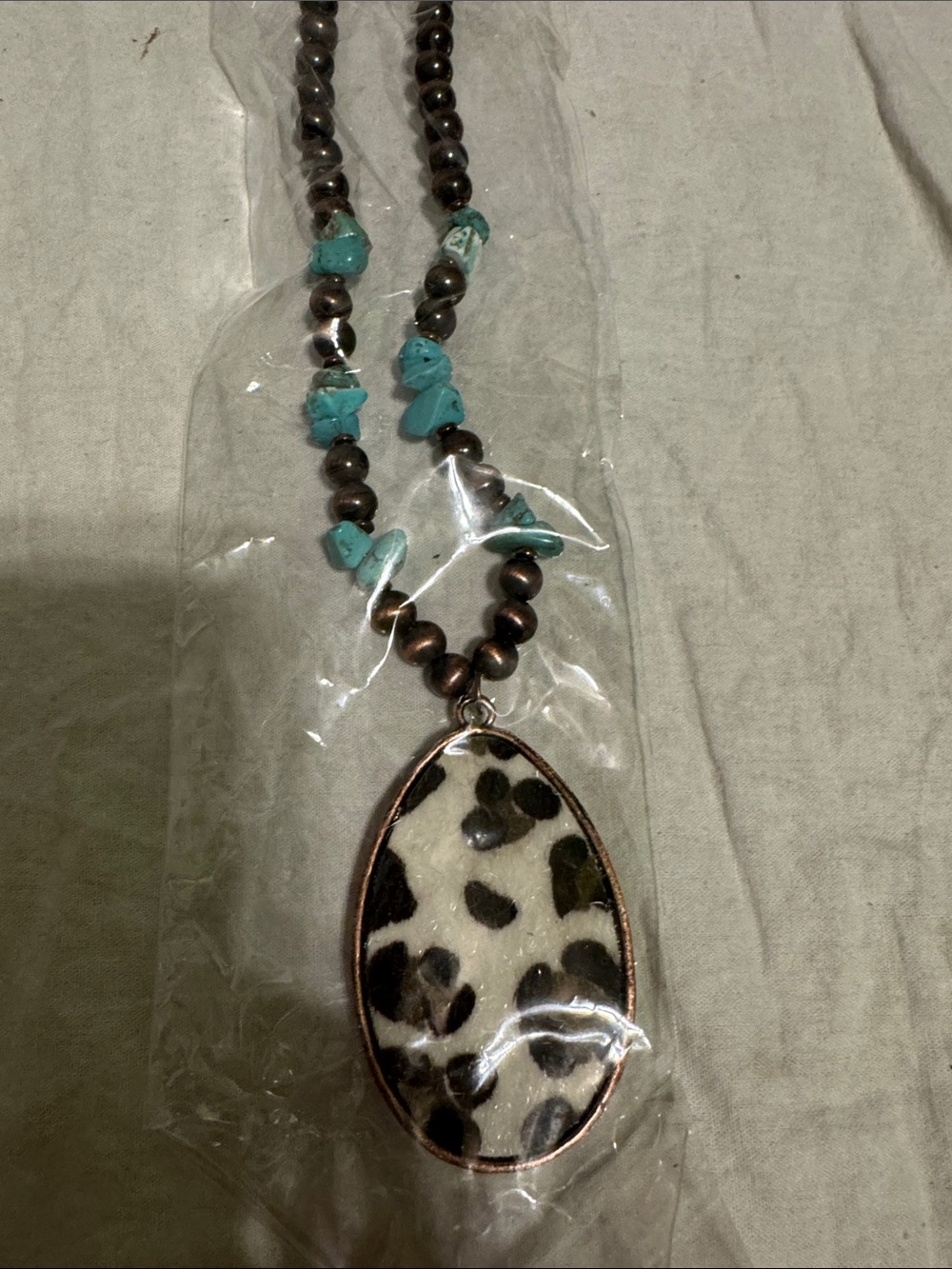 Leopard Teardrop Pendant Necklace with Turquoise Accents - Brown - Picture 2 of 3